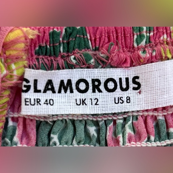 Glamorous Pink Green Yellow Size 8 Dress Floral Tie Back Square Neck Side Split - Picture 11 of 13